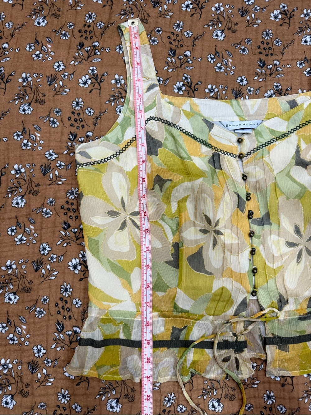 Vintage Silk Earthy Floral Camisole Ruffle Hem Y2K Fairycore Boho Chic Tie-Front - Picture 10 of 12